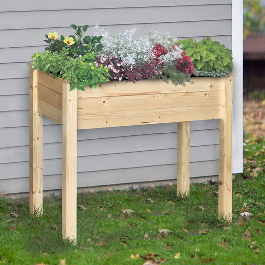 34''x18''x30'' Elevated Planter Box with Legs Wooden Patio Raised Garden Bed Outdoor Flower Stand Yard Natural Plant Table Raised Flower Planter w/ Inner Bag