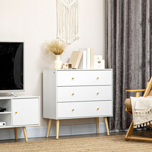 3 Drawer Dresser, Chest of Drawers with Wood Legs and Handles for Living Room, White