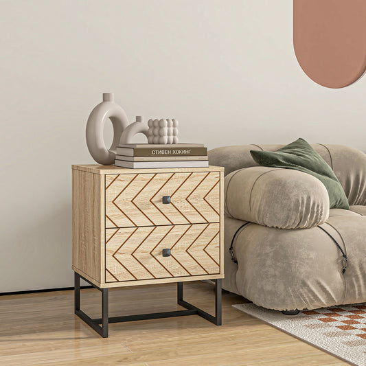 Modern Nightstand with Drawers, Side End Table with Metal Legs for Bedroom, Zig Zag Design, Natural