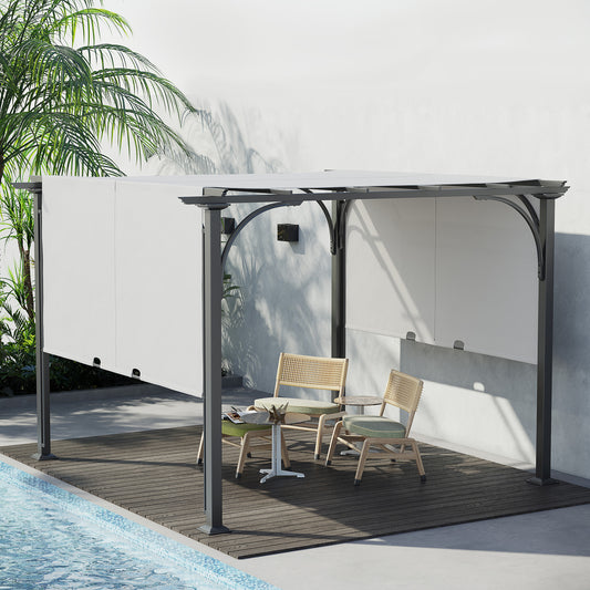 10' x 10' Outdoor Pergola Patio Gazebo Retractable Canopy Sun Shelter, Steel Frame, White