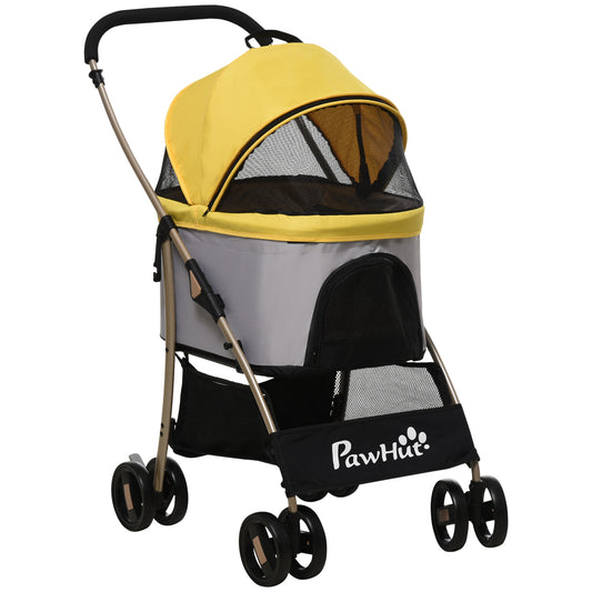 PawHut 4 Wheels Pet Stroller, 3 in 1 Dog Cat Travel Folding Carrier, for Small Dogs, Detachable, w/ Brake, Canopy, Basket, Storage Bag - Yellow