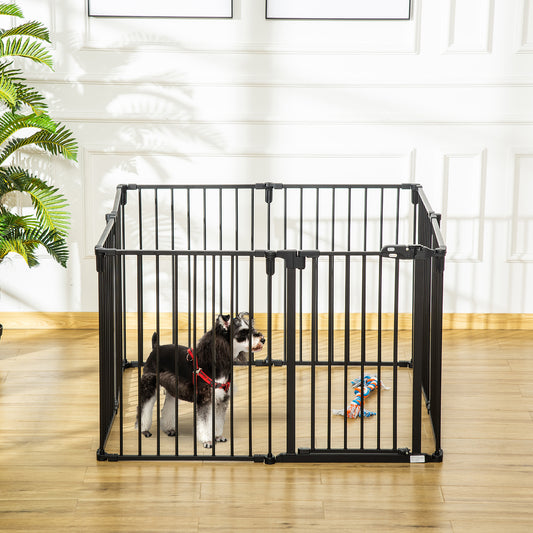 PawHut 30" Pet Safety Gate 8-Panel Playpen Fireplace Christmas Tree Steel Fence Stair Barrier Room Divider with Walk Through Door Automatically Close Lock Black