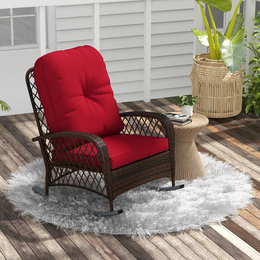 Outdoor Wicker Rattan Rocking Chair Patio Rocker with Thick Cushions for Garden Backyard Porch, Red