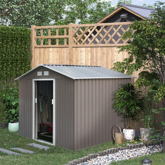 9.1' x 6.4' x 6.3' Garden Storage Shed w/Floor Foundation Outdoor Patio Yard Metal Tool Storage House w/ Double Doors Grey