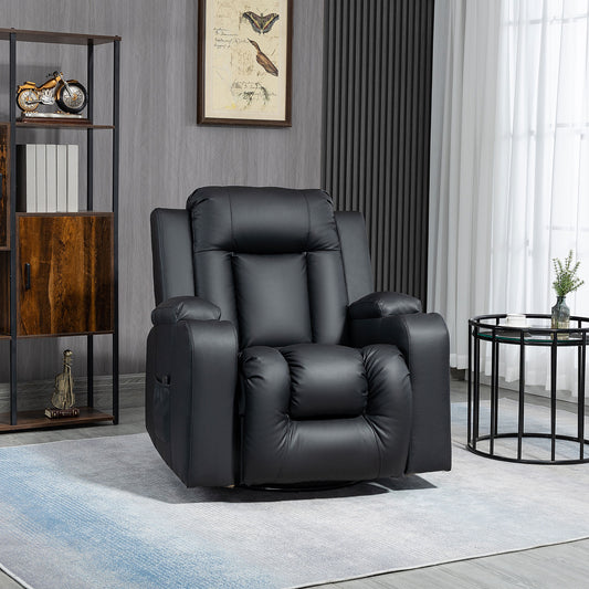 Massage Recliner Chair for Living Room with 8 Vibration Points, PU Leather Reclining Chair with Cup Holders, Swivel Base, Rocking Function, Black