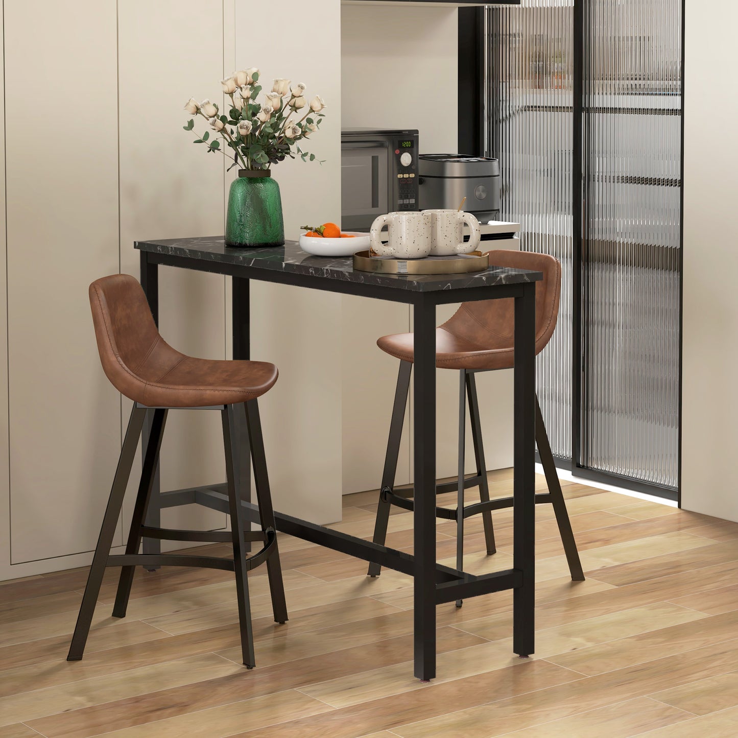 SET OF 2 Counter Height Stools , Upholstered with Back and Steel Legs in Saddle Brown