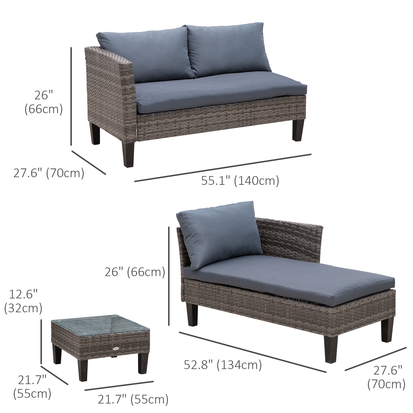 Outsunny 3 Piece Wicker Patio Furniture Set Outdoor Sofa Set with Glass Tabletop, Cushions Metal Frame for Balcony, Patio, Grey