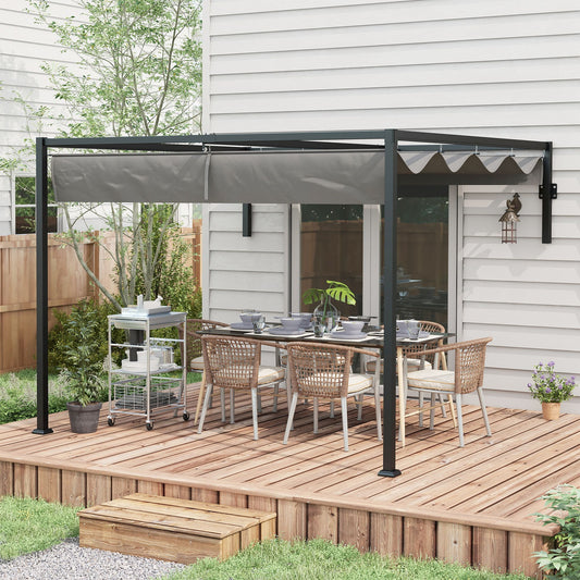 10' x 10' Lean To Pergola, Metal Pergola with Retractable Roof for Grill, Garden, Patio, Deck