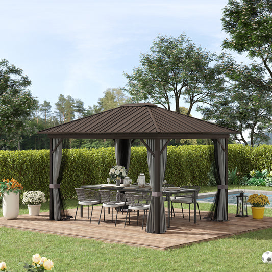 10' x 12' Hardtop Gazebo Canopy with Galvanized Steel Roof, Aluminum Frame, Permanent Pavilion Outdoor Gazebo with Netting, Curtains, Top Hook, Dark Grey