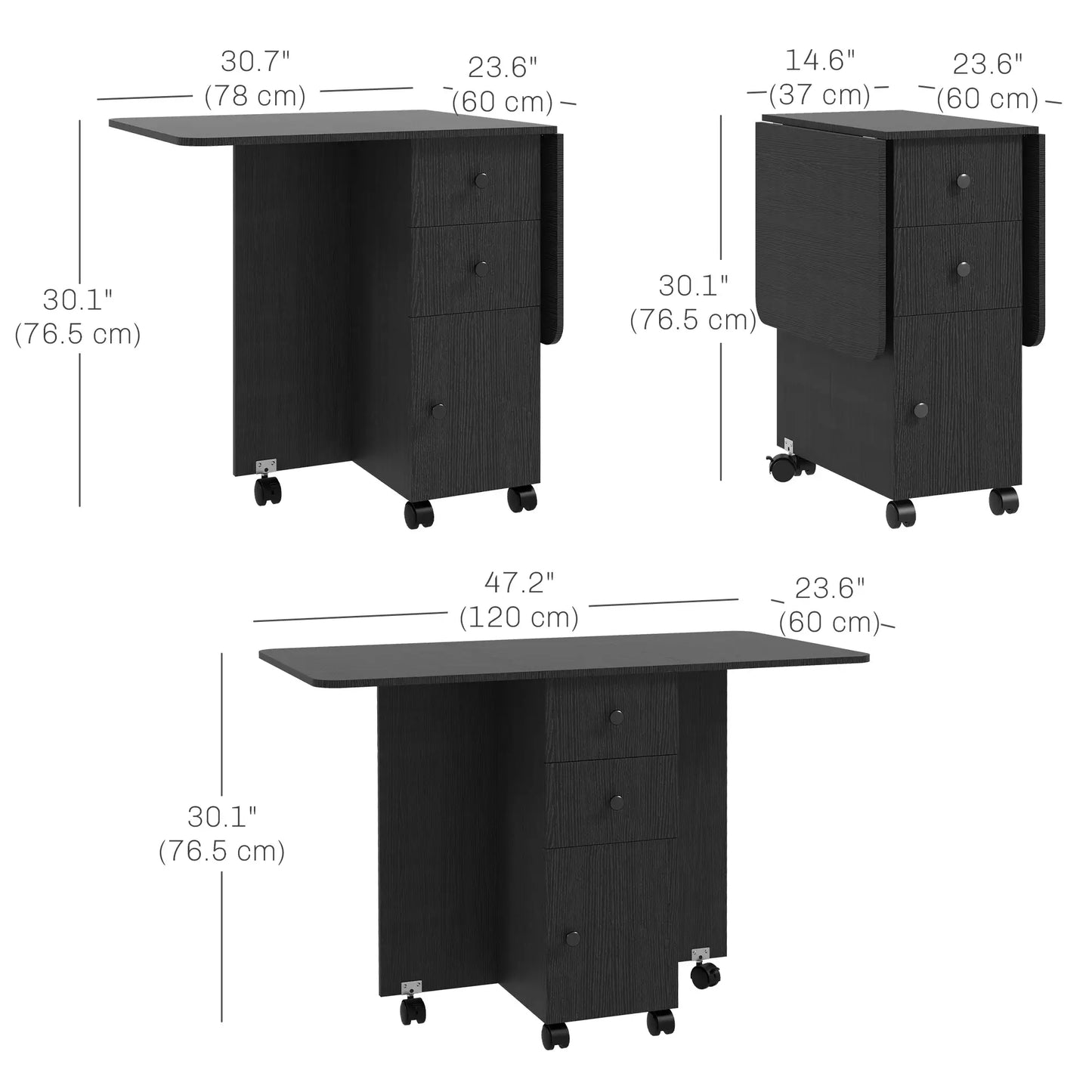 Drop Leaf kitchen Dining Table, on Wheels with Drawers and Cabinet in Black