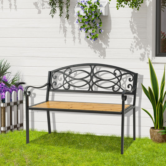 Outsunny Garden Bench for Outdoor, 2-person Patio Bench with Steel and Wood Frame, Floral Rose Accent, Loveseat Furniture for Lawn, Deck, Yard, Porch and Entryway, Natural
