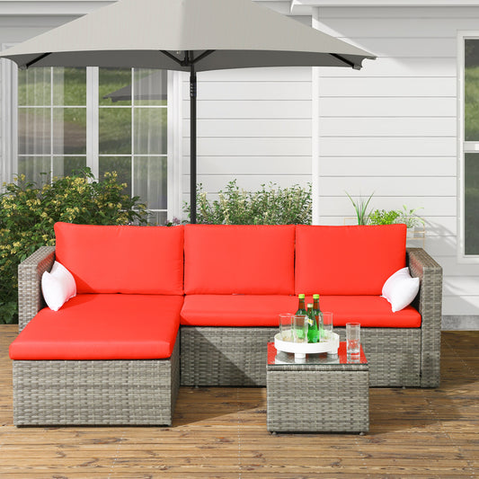 3pcs Modern Rattan Sofa Set, Wicker Patio Furniture Set with Coffee Table, Cushions, Pillows