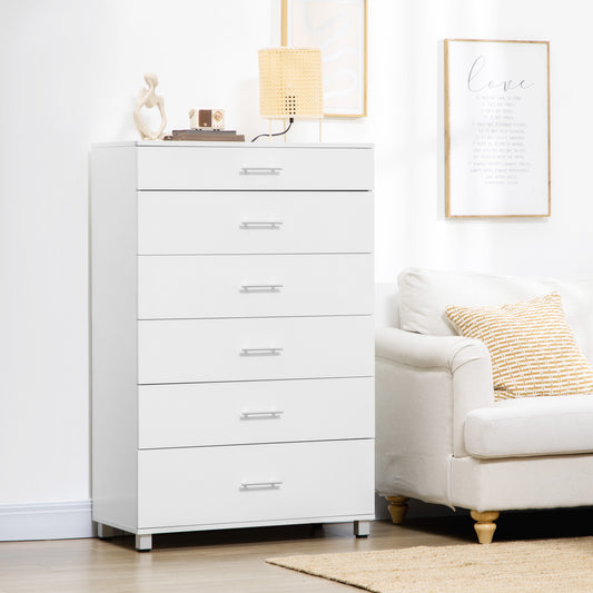 6 Drawer Cabinet, Drawer Chest for Bedroom, Storage Organiser with Metal Runners and Handles for Living Room, White