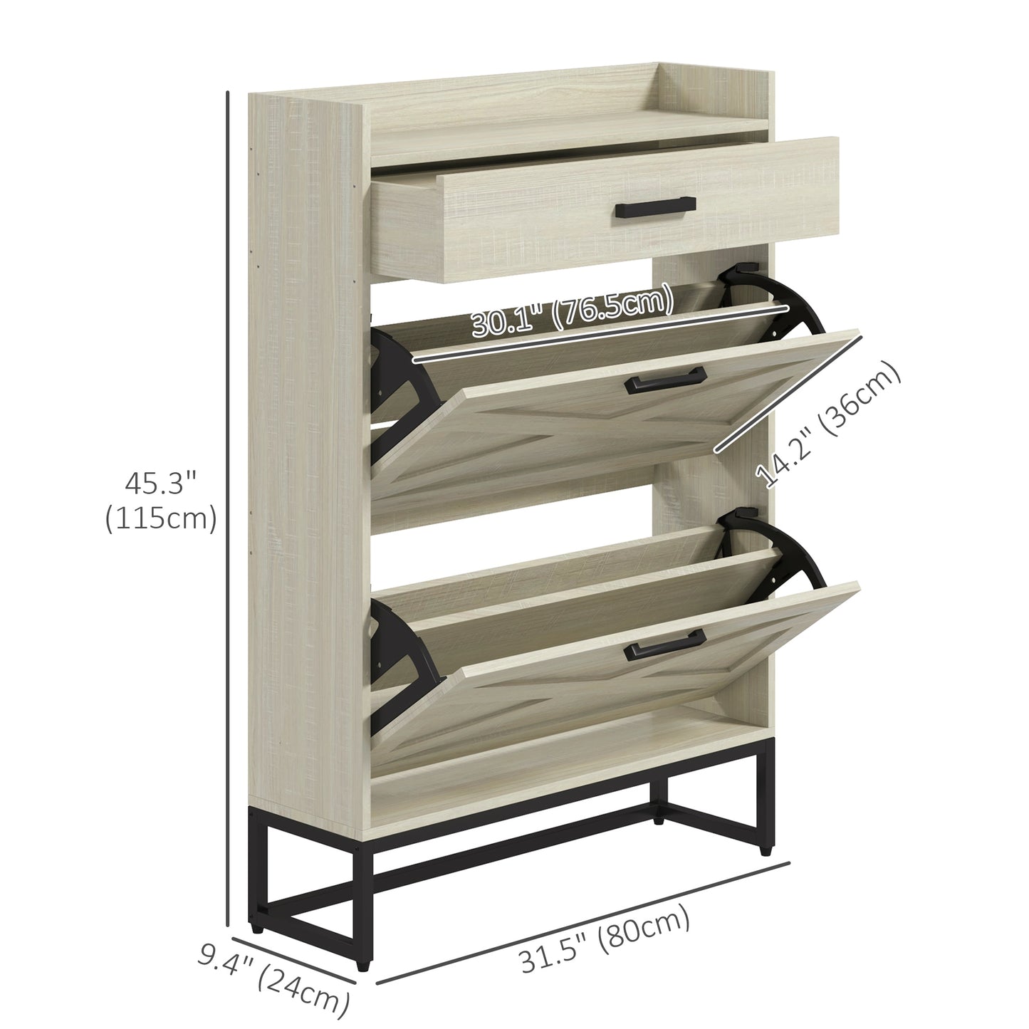 Slim Shoe Storage with 2 Flip Drawers and Adjustable Shoe Shelves for 12 Pair, Distressed White