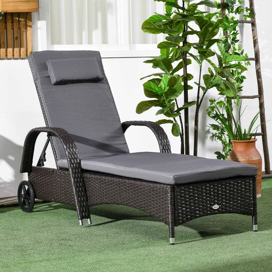 Outdoor Lounger, Deck Lounge Chair with Headrest, 5-Level Adjustable, Backrest, Wheels, Deep Coffee and Grey