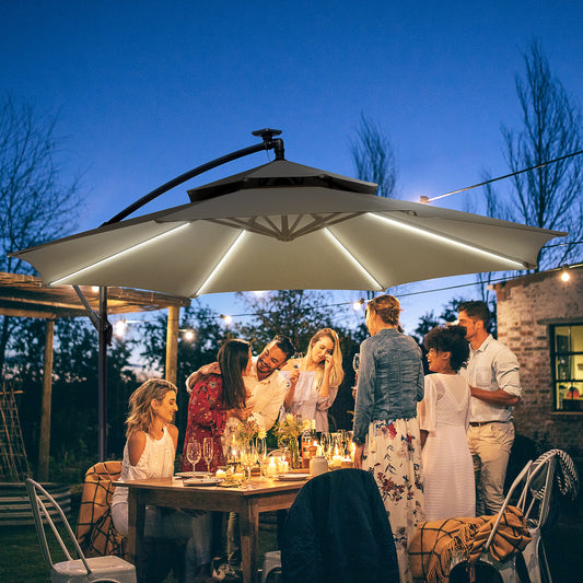10FT Cantilever Patio Umbrella with Lights Solar Powered Offset Umbrella with Crank and Cross Base for Deck Light Grey