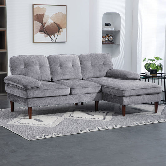 Modern Corner Couch with Right Chaise Lounge, Tufted 3-Seater Sofa with Wooden Legs for Living Room, Bedroom, Grey