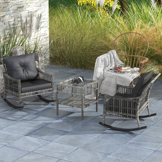 3 Pieces Outdoor PE Rattan Rocker Chair Set, Rocking Chair with Tempered Glass Table Top,25"x26"x28", Mixed Grey