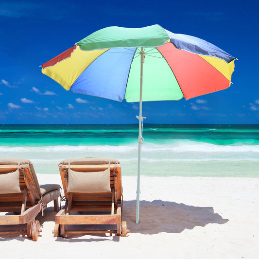 5ft Round Beach Umbrella Outdoor UV Protection Sun Shade Canopy w/ Push Button Tilt Pole Rainbow