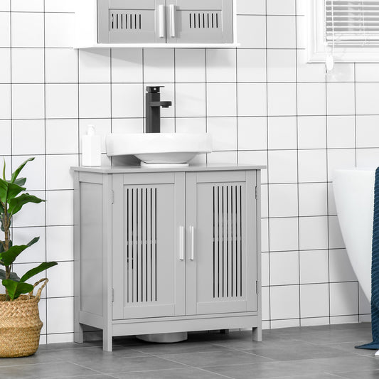 Modern 24" Bathroom Sink Cabinet, Pedestal Sink Storage Cabinet with Double Slat Doors and Shelf, Grey