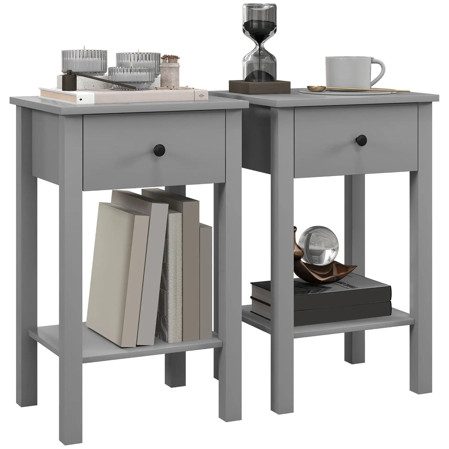 End Tables Set of 2, with Drawer and Bottom Shelf, 2-tier Nightstand for Bedroom, in Grey