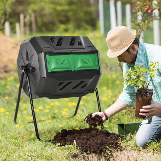 Tumbling Compost Bin Outdoor Dual Chamber 360° Rotating Composter 43 Gallon w/ Sliding Doors & Solid Steel Frame, Green