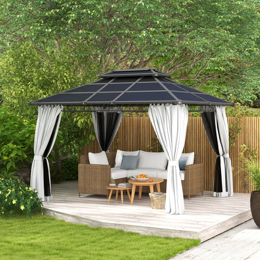 10' x 12' Outdoor Hardtop Gazebo Canopy w/ Double PC Roof, Steel Frame, Nettings, Curtains for Garden Lawn Deck, Grey