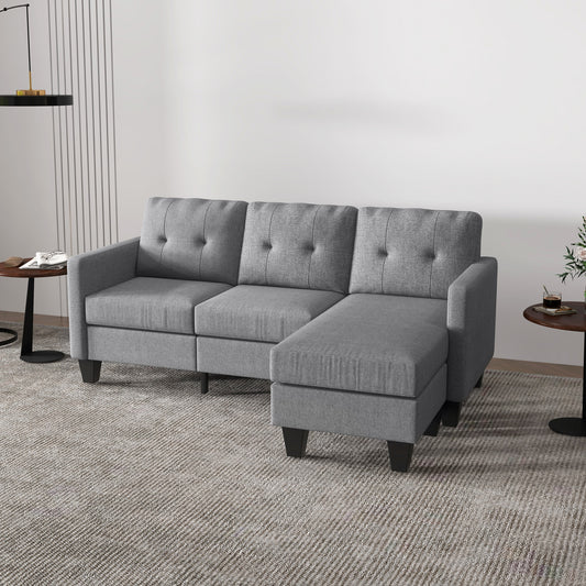 L-shaped 3 Seater Couch with Switchable Ottoman, Corner Sofa with Thick Padded Cushion for Living Room, Light Grey