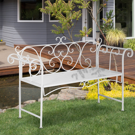 Outsunny 50" 2-Person Metal Garden Bench Outdoor Loveseat Yard Decorative Chair Park Seat Patio Furniture White