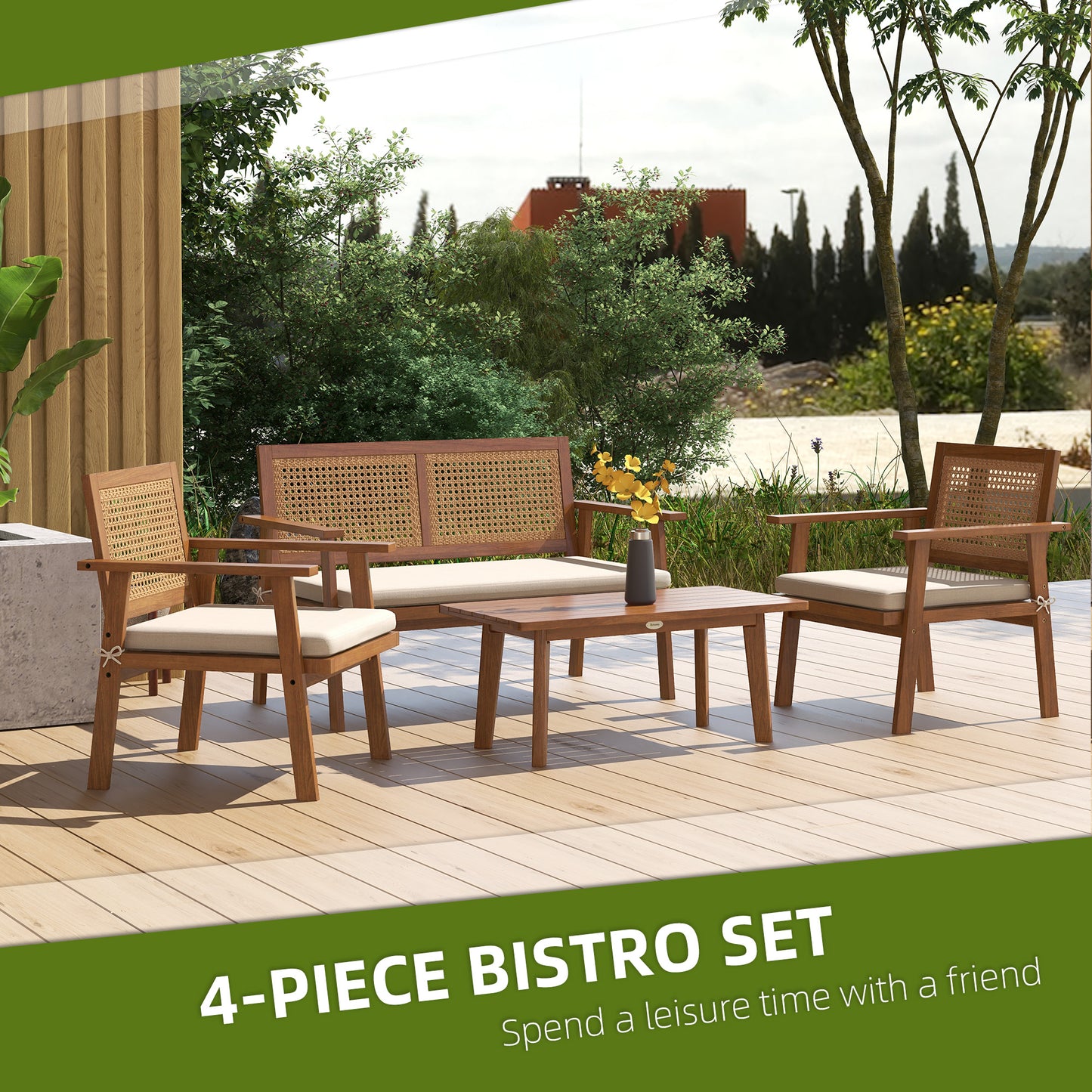 Outsunny 4 Pcs Patio Furniture Set Wicker Furniture Set w/ Seat Cushions with Loveseat Sofa, Seat Cushions for Garden, Backyard