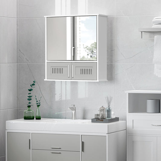 kleankin Bathroom Mirror Cabinet, Wall Mounted Storage Cupboard with Double Doors and Adjustable Shelf, Grey