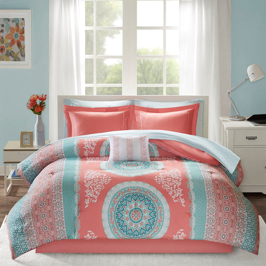 Bohemian Complete 9-Piece Comforter and Sheet Set, Coral
