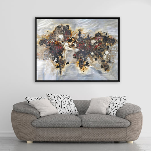 Texturized World Map with | Framed Print On Canvas 36" X 48"