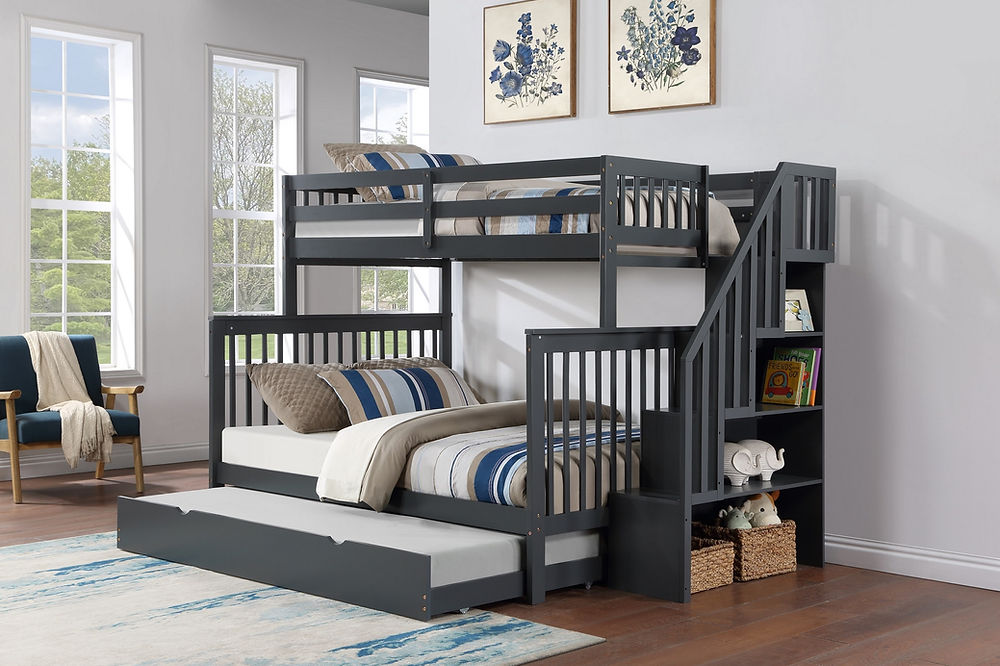 Twin/Full Bunk Bed, Stairs, Storage Book Shelf, with Optional (Set of 2 Storage Drawers) or (Single Size Pull-Out Trundle) in Deep Grey