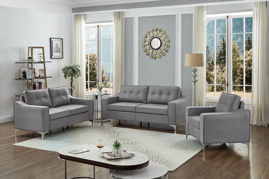 Grey Fabric 3Pc Sofa Set, Features button tufting and chrome legs
