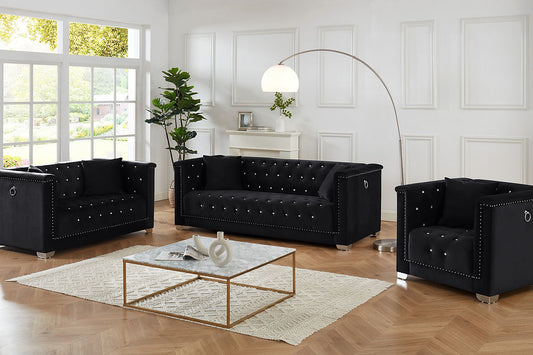 Black Velvet With Deep Tufting and Nailhead Details, Chrome Legs, Accent Ring and Pillows.