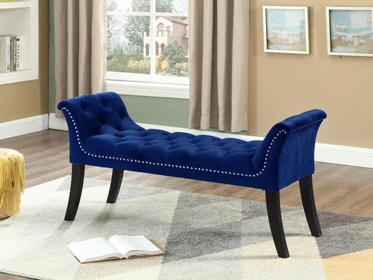 Navy Blue Velvet Bench with Deep Tufting and Nail Head Details