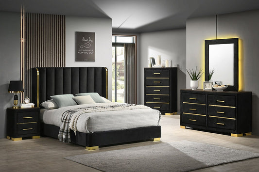 5 Pc Bedroom Set Black Velvet with Gold Accent