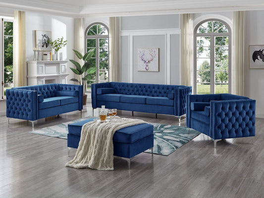 3 PC Sofa Set, Blue Velvet With Deep Tufting and Nailhead Details, Chrome Legs and Accent Pillows. (Ottoman Extra)