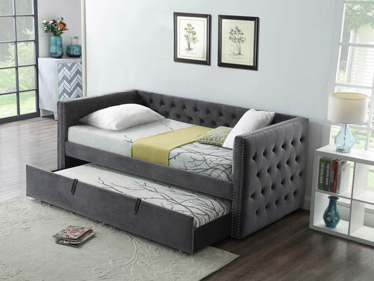 Grey Velvet 39” Twin Size Day Bed with 39” Twin Size Pull-Out Trundle Features Deep Tufting and Nailhead Details