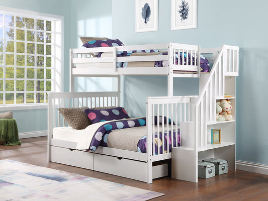 Twin/Full Bunk Bed, Stairs, Storage Book Shelf, with Optional  (Set of 2 Storage Drawers) or (Single Size Pull-Out Trundle) in White