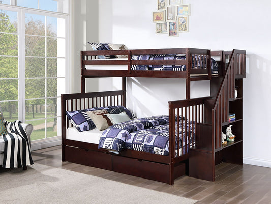 Twin/Full Bunk Bed, Stairs, Storage Book Shelf, with Optional  (Set of 2 Storage Drawers) or (Single Size Pull-Out Trundle) in Espresso