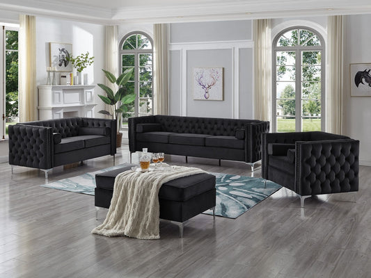 3 PC Sofa Set, Black Velvet With Deep Tufting and Nailhead Details, Chrome Legs and Accent Pillows. (Ottoman Extra)