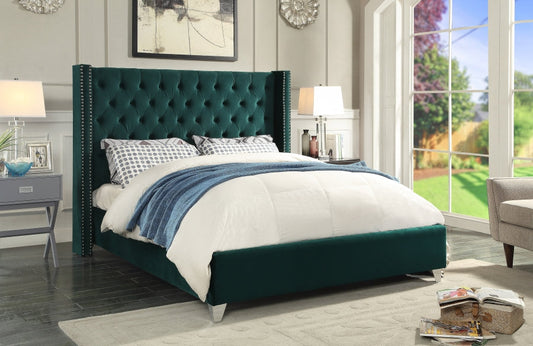 Green Velvet Wing Bed with Deep Button Tufting and Nailhead Details