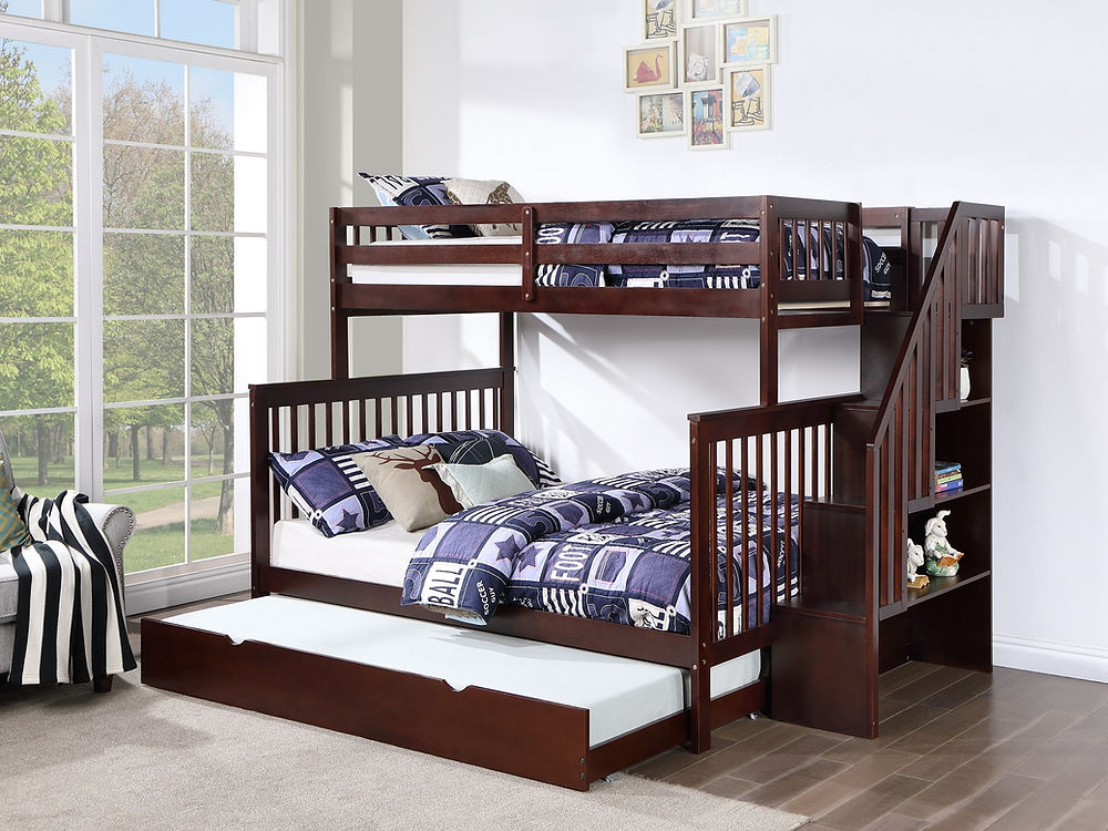 Twin/Full Bunk Bed, Stairs, Storage Book Shelf, with Optional (Set of 2 Storage Drawers) or (Single Size Pull-Out Trundle) in Espresso