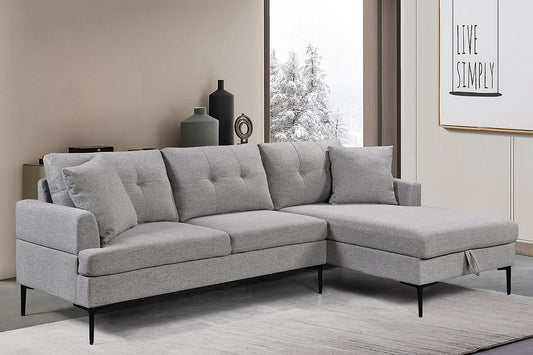 RHF Sectional, Left Hand Facing Chaise,Large Pull-Up Storage Compartment, Black Metal Legs, Accent Pillows, Soft Grey Fabric in Grey