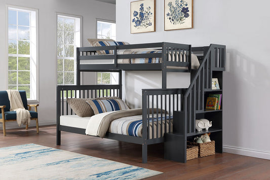 Twin/Full Bunk Bed, Stairs, Storage Book Shelf, with Optional  (Set of 2 Storage Drawers) or (Single Size Pull-Out Trundle) in Deep Grey