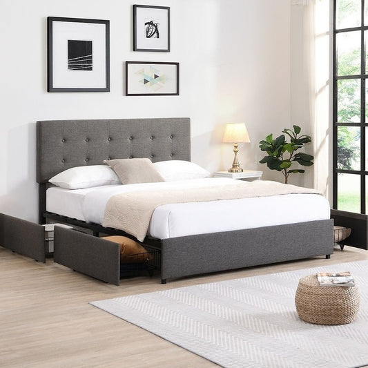 Grey 4 Storage Tufted Platform Bed ( In 3 Sizes)