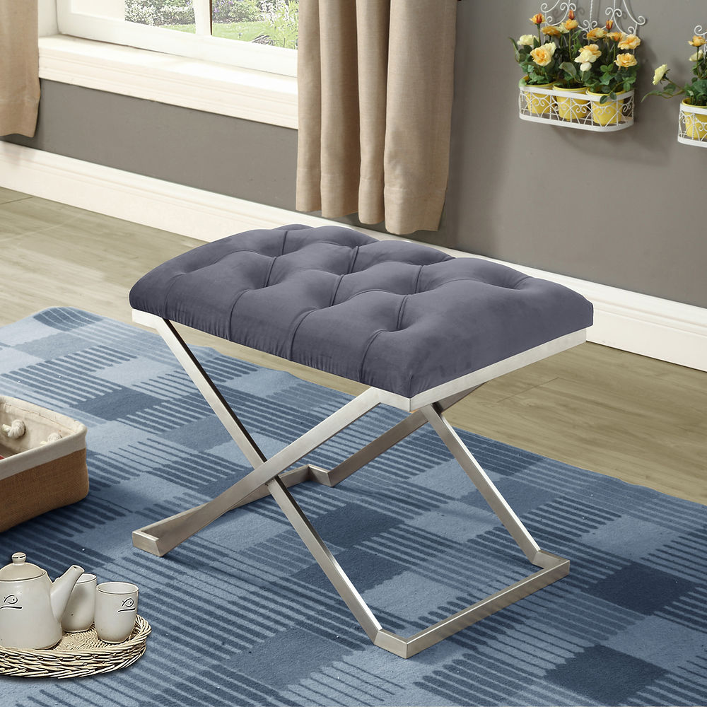 Grey Velvet Fabric Ottoman with Stainless Steel Legs