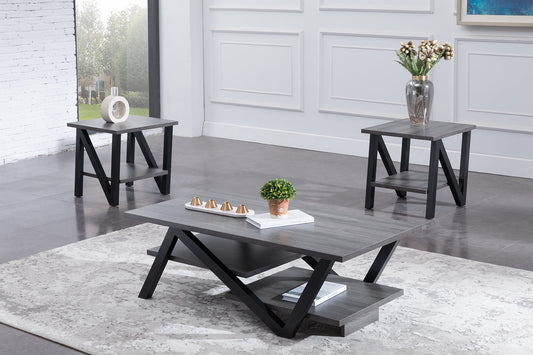 3Pc Coffee Table Set With Grey Wooden top and Black Legs